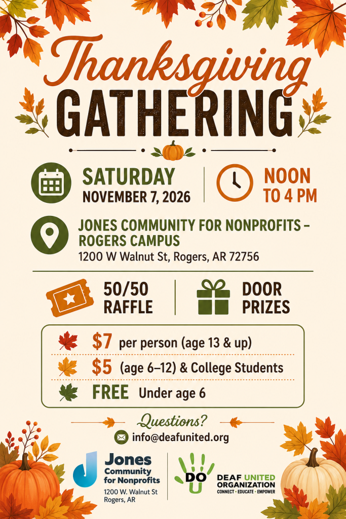 A fall-themed promotional flyer for the Deaf United Organization's Thanksgiving Gathering. The flyer features warm autumn colors, falling leaves, and pumpkins with the event title 